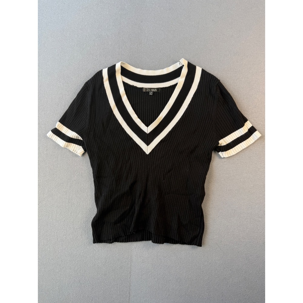 21 Main Womens Ribbed Knit V-Neck Varsity Stripe Short Sleeve Top Black White M
